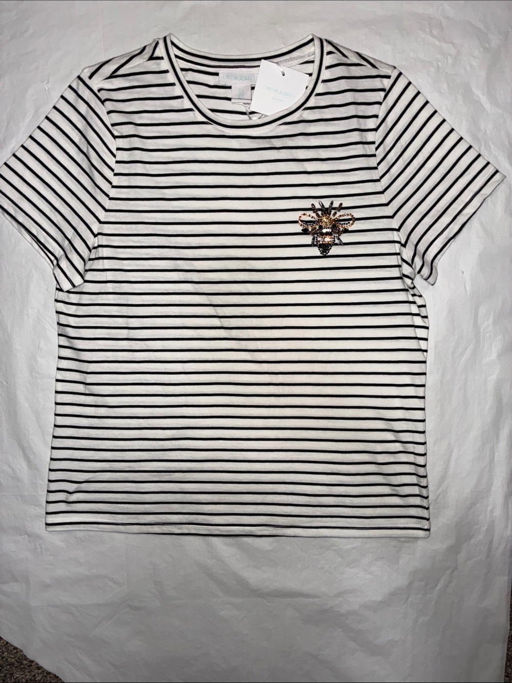 Cynthia Rowley Black & White Striped Tee with Sequin Bee